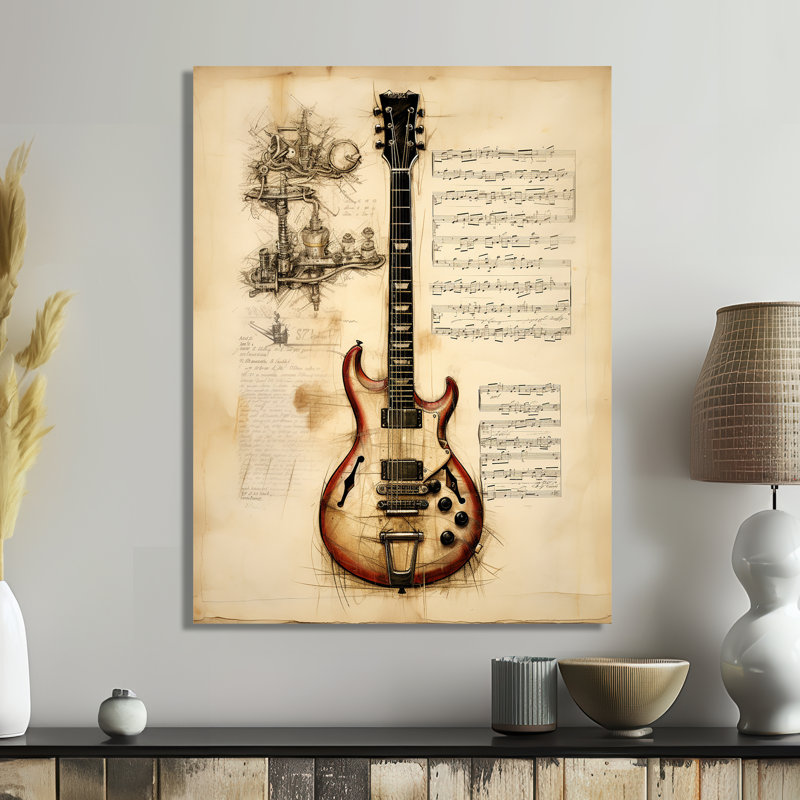 Guitare électrique, Illustration rétro, partition musicale - musique, art mural, Métal métal, H 20 po x l 12 po x P 1 po