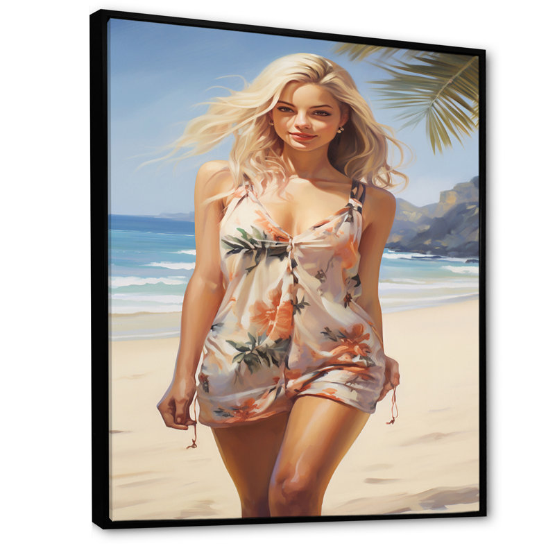 Beauté blonde marchant sur le rivage, H 44 po x l 34 po x P 1,5 po, Cadre flottant noir