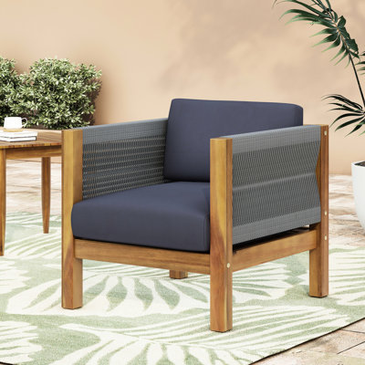 Fauteuil club en bois, accents tissés à la corde, housse en tissu aquatique, Coussin de siège profond de 25,52 pi de profondeur