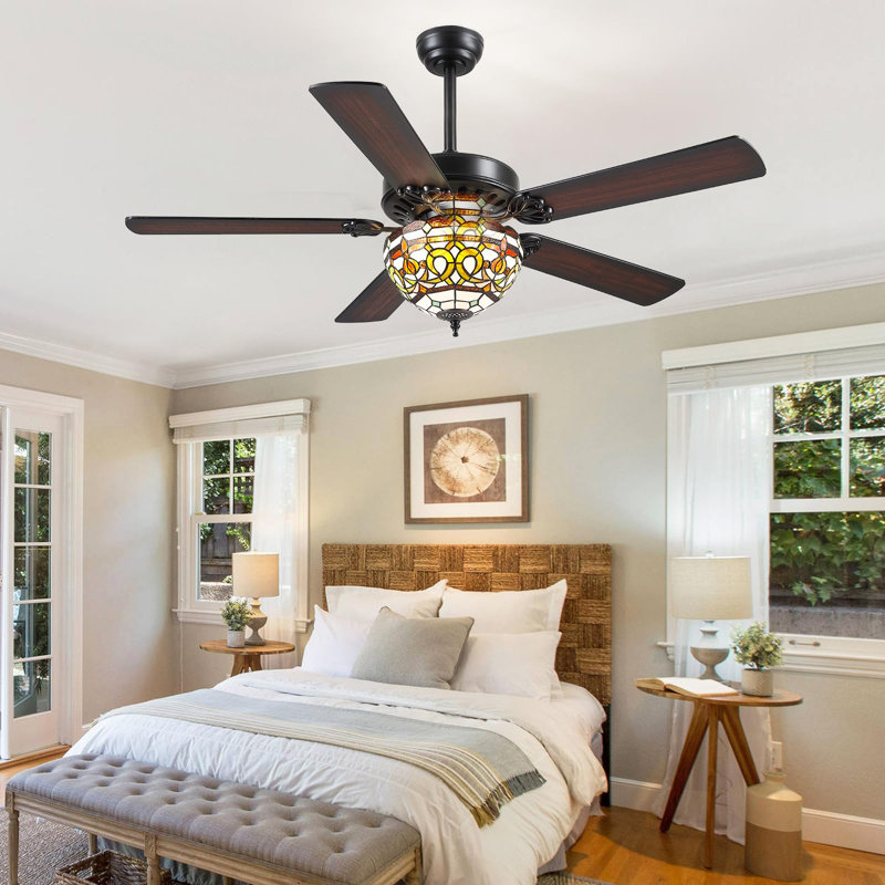 52" Tiffany Ceiling Fan Chandelier With 5 Dual-Blades And Remote Control, Black/Brown
