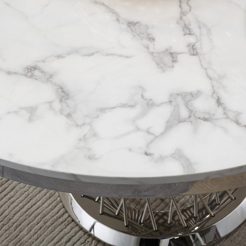 Round Faux Marble Dining Table, Modern High Gloss Kitchen Table with Stainless Steel Base for Elegant Meals