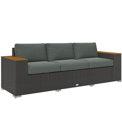 Straight Wicker Patio Sofa with Cushions, 3-Seat Outdoor Patio Sofa, PE Wicker Outdoor Couch, Dark Gray