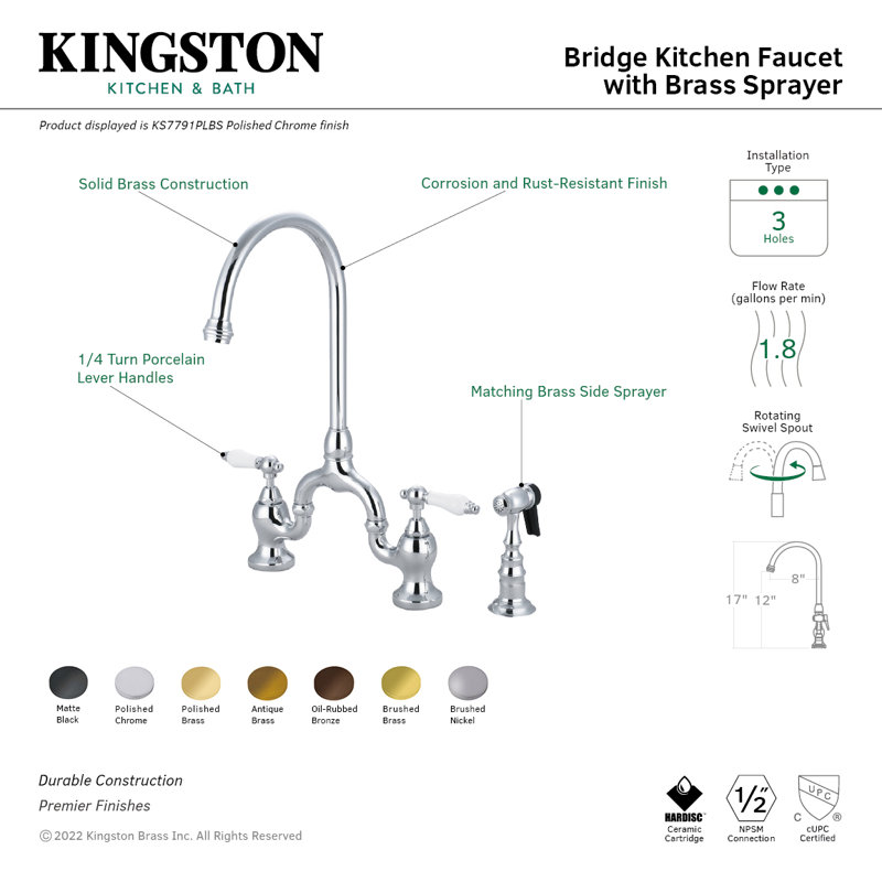 Kingston Brass English Country Two-Handle 3-Hole Deck Mount Bridge Kitchen Faucet with Brass Side Sprayer, Brushed Brass