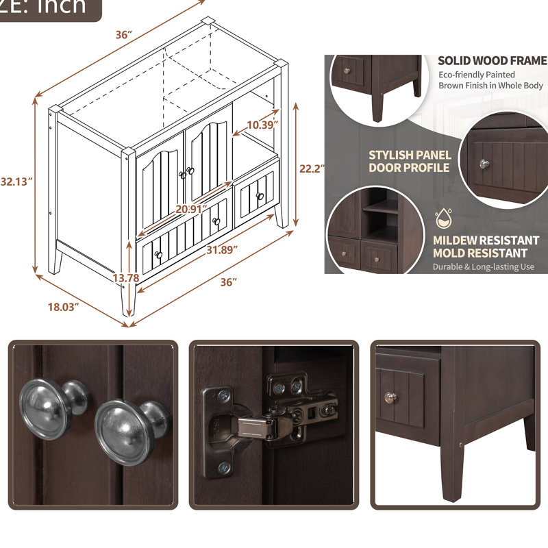 Base de meuble-lavabo de salle de bain seulement, structure en bois massif et panneaux en MDF, Brun