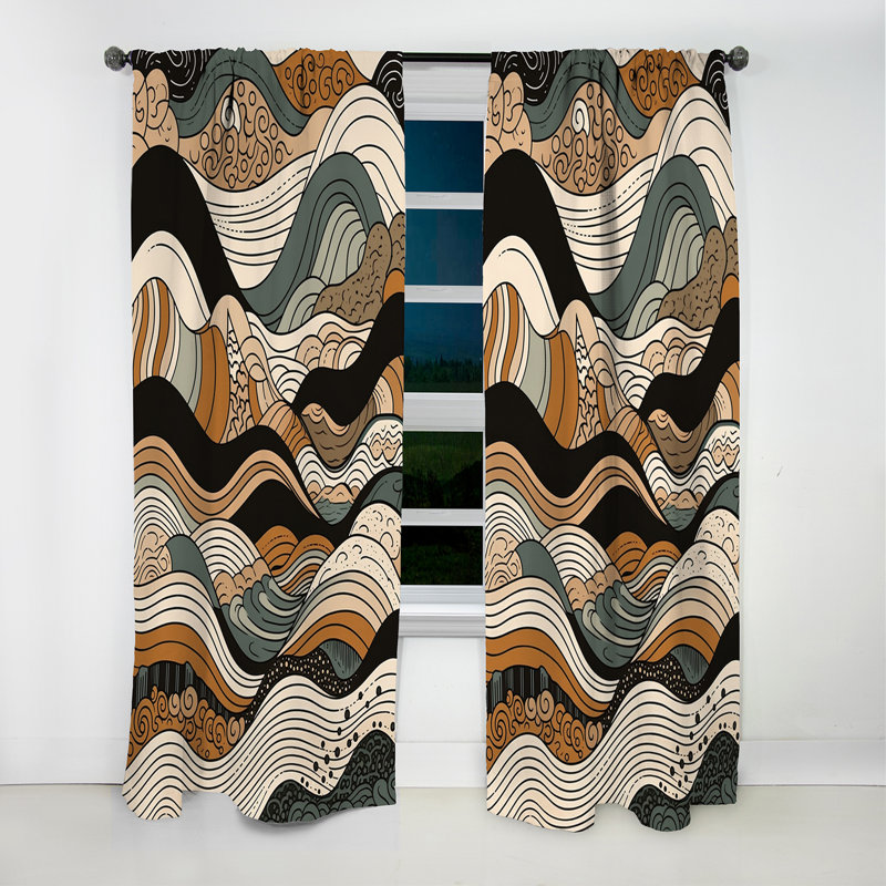 Brown Black Line Art Elegance I - Shapes Curtain - Blackout Abstract Curtain - 1 Panels, 52" W x 84" L
