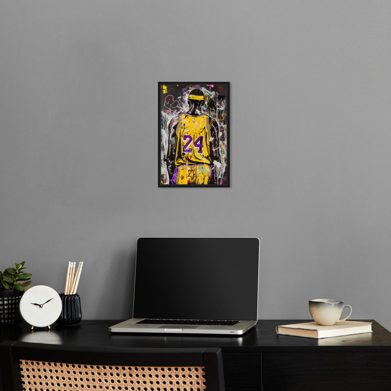 Art mural tendance sur toile jaune graffiti basketball par Notoriart, Cadre noir, H 37 po x l 25 po