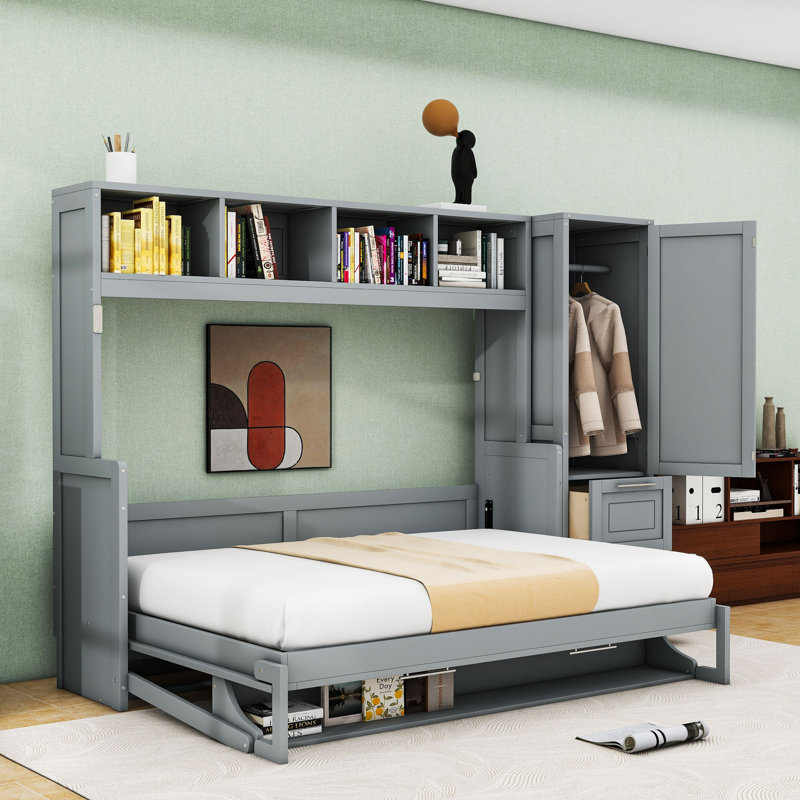 Lit escamotable double en bois avec garde-robe latérale et tiroirs de rangement, Gris