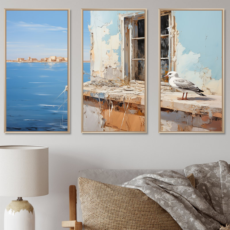 «Seagulls Perch Horizon II - Coastal Windows», art mural, H 28 po x l 36 po x P 1 po, Cadre flottant brun