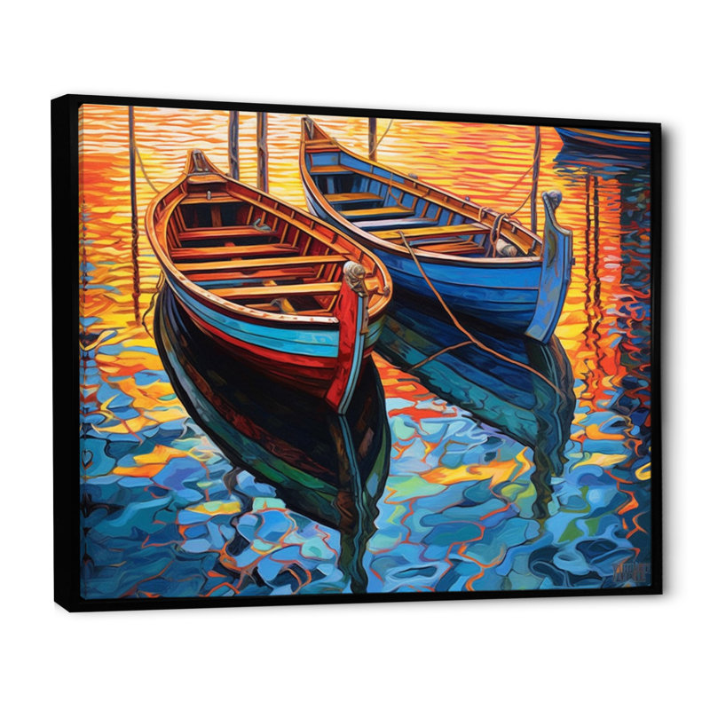 Deux bateaux dans le port II sur toile, H 24 po x l 32 po x P 1 po, Cadre flottant noir
