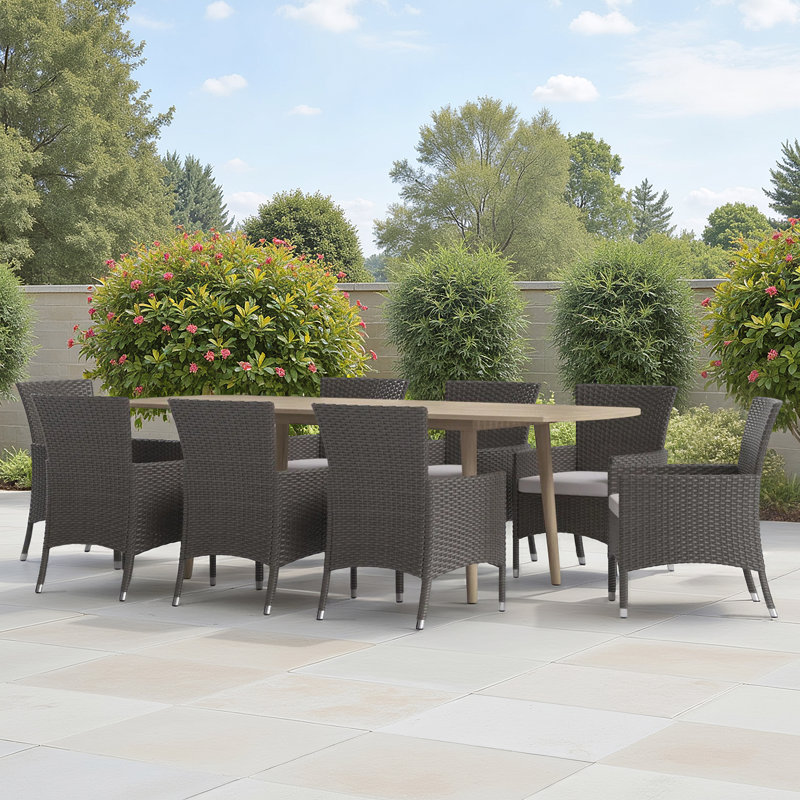 Anxhela 8 - Person Acacia Wicker Patio Dining Set with Extendable Rectangular Table , Cushions Included