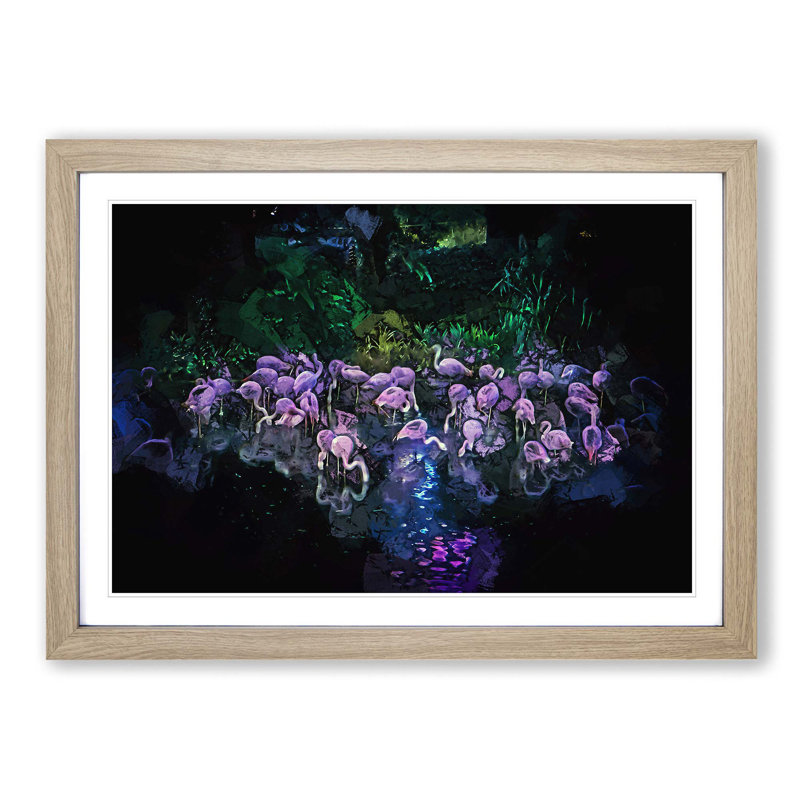 Neon Flamingos in Abstract - Framed Print, 27cm H x 36cm W x 2cm D, Oak Framed