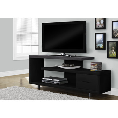 Meuble télé 60 po, système de divertissement contemporain avec plateau et compartiment, stratifié noir et gris pour ranger les accessoires, consoles de jeu modernes, dans la chambre à coucher du salon