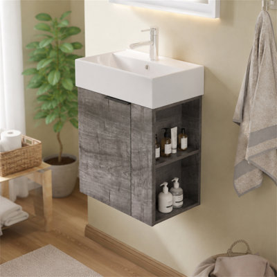 21.6" Floating Wall Mount Bathroom Vanity Set, Solid Plywood Cabinet with Vitreous China Sink, Soft-Close Hinges, Small Space Solution, Faucet Not Included
