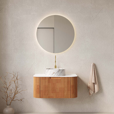 Meuble-lavabo de salle de bain 30 po, meuble de rangement mural rayé à bords arrondis avec tiroir, lavabo en céramique rond avec motif de pierre, pré-assemblé