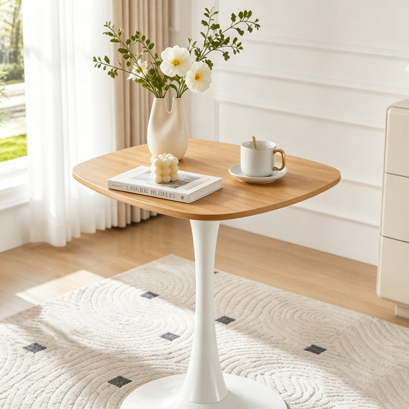 Table tulipe carrée 24 pouces avec base en métal, Blanc et chêne