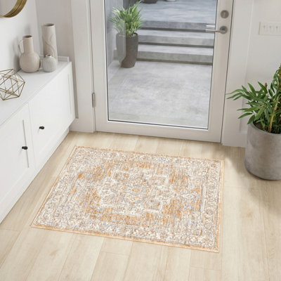 Tapis d'intérieur Vladilen Rose/Ivoire à médaillon transitionnel performant