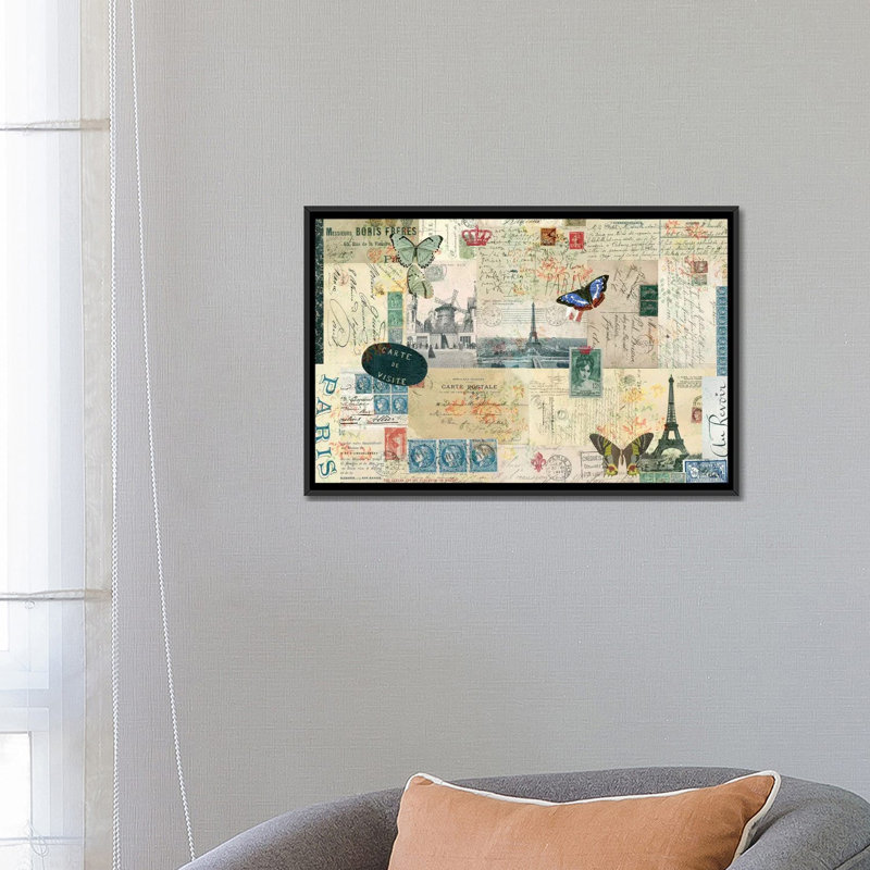 « cartes postales de paris i », impression sur toile, H 18 po x l 26 po x P 1,5 po, Toile avec cadre noir, Pas de tapis