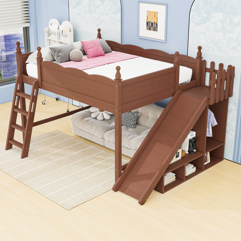 Lit mezzanine en bois avec glissade, tablettes de rangement et garde-robe, Grand lit, Naturel foncé