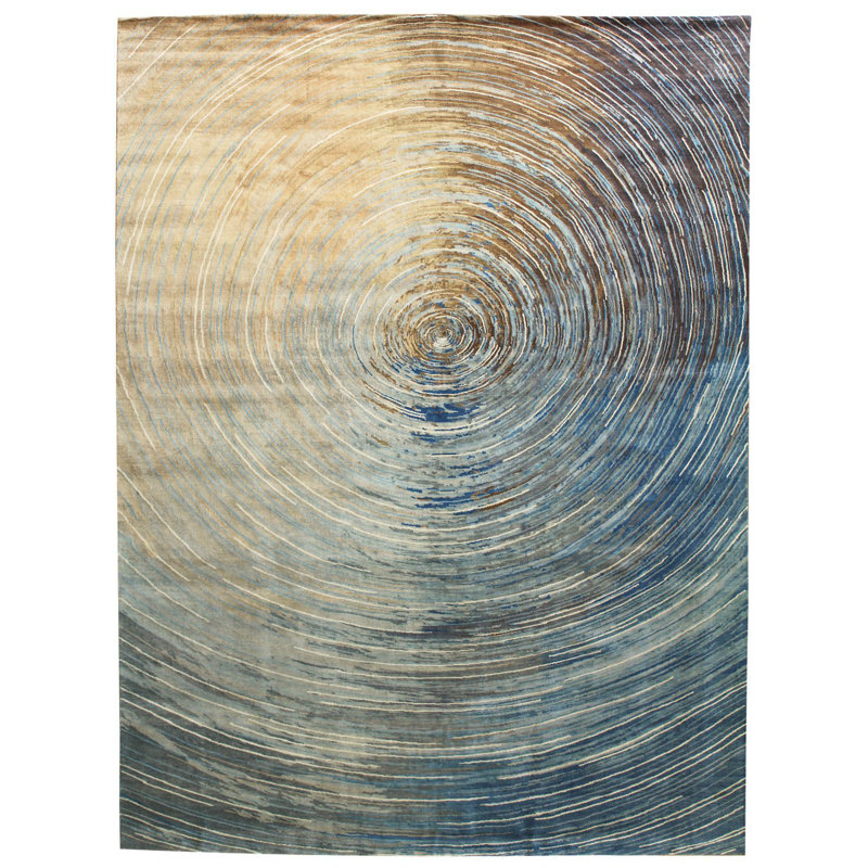 Tapis gris noué à la main de conception unique 9 pi x 12 pi New Age