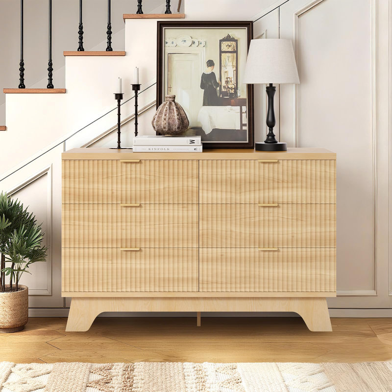Commode 6 tiroirs 47 po avec poignée dorée, commode Mid-Century cannelée et meuble télé pour chambre à coucher