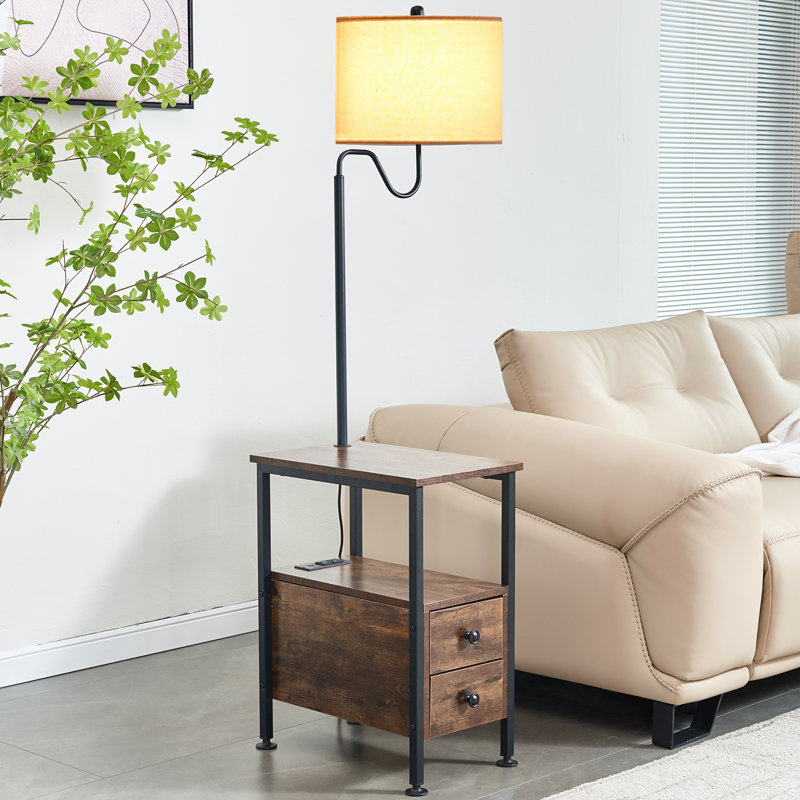 Gorbold 2 Drawers End Table Floor Lamp with Charging Board, Brown