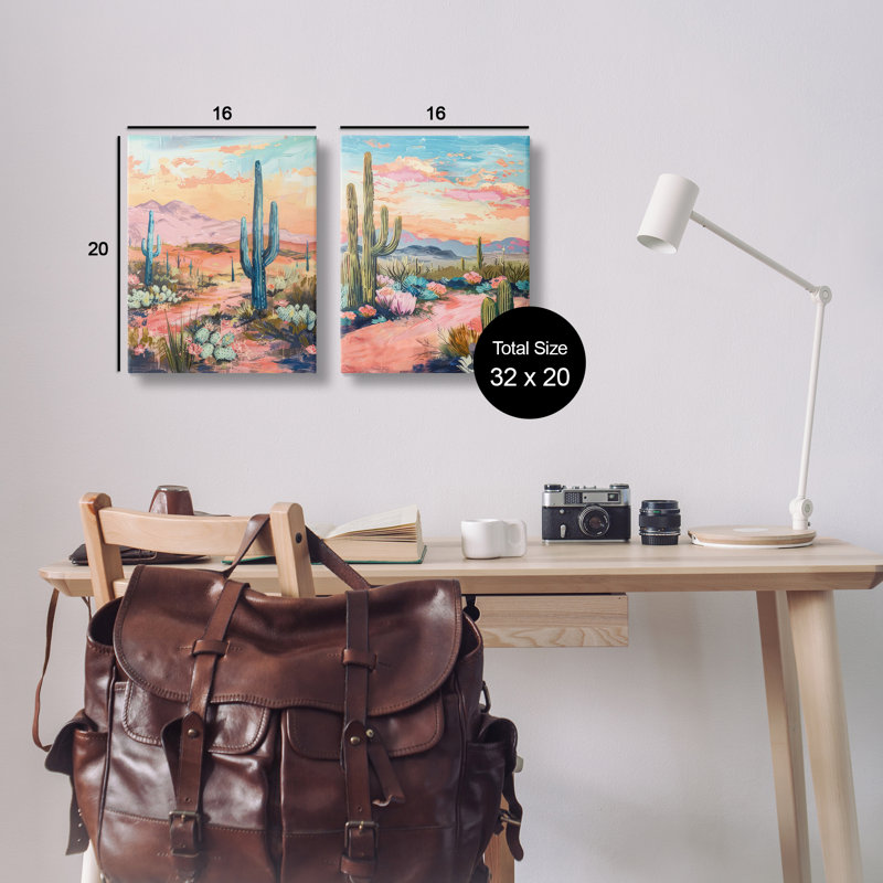 «Cactus Paths & Sunset», ensemble de 2 toiles murales par LSR Design Studio, H 20 po x l 16 po