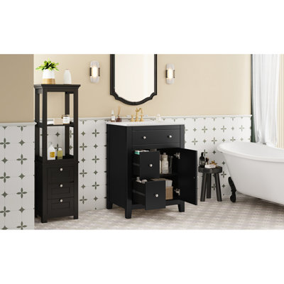Meuble-lavabo moderne 24 po, lavabo en céramique, métal rustique, mouvement de tiroir lisse, solution compacte de 24 po avec lavabo, style champêtre français, tiroirs coulissants en douceur, intérieur réglable pour les rasoirs