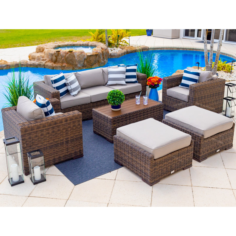 Ensemble de patio 16 pièces en rotin avec coussins Centralmont, Polyester gris clair, Brun