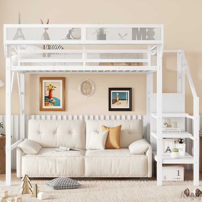 Lit mezzanine simple en métal avec tablettes de rangement et garde-robe, Blanc