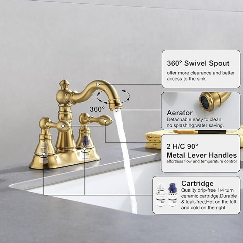 Derengge Two Handle Bathroom Faucet Bathroom Sink Faucet 3 Hole with Pop up Drain Assembly, Classic 4 Inch Centerset Lavatory Faucet with 360° Swivel Spout,F-0048-MT