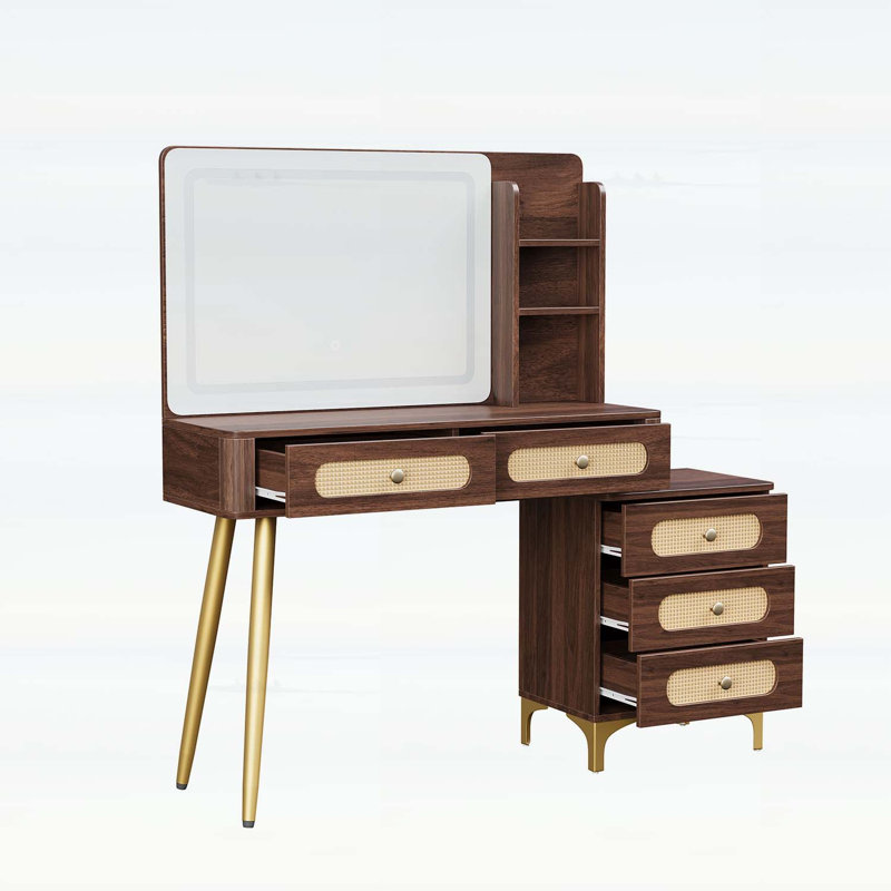Coiffeuse 47 po avec miroir, lumières et 5 tiroirs, design rotin, 3 modes de couleur, luminosité réglable, brun, Brun