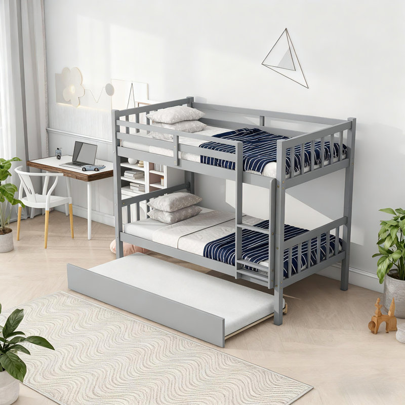 Twin Over Twin Rubber Wood Bunk Bed With Trundle, Convertible Into 2 Beds, Bunk Bed With Ladder And Safety Guardrails For Kids, Teens