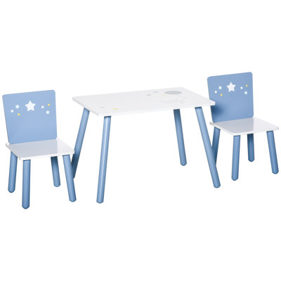 HOMCOM 3 Pcs Kids Table & Chairs Set Wood Legs Safe Corners Cute Stars Blue