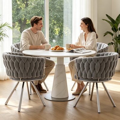 Set of 2 Woven Velvet Dining Armchairs, Upholstered Side Chairs with Braided Backrest, Chrome Electroplated Metal Legs, Grey