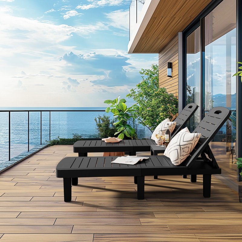 Corsin Outdoor Resin Chaise Lounge with Cup holder, Black