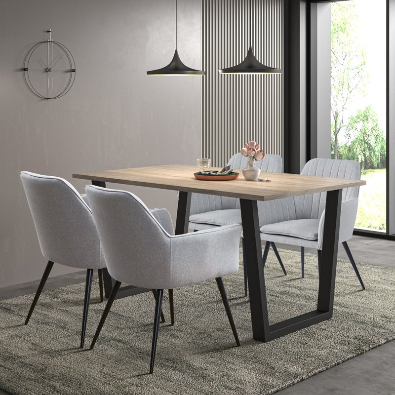 Dudley 150Cm Dining Table Set With Grey Fabric Dining Chairs With Armrest, 5