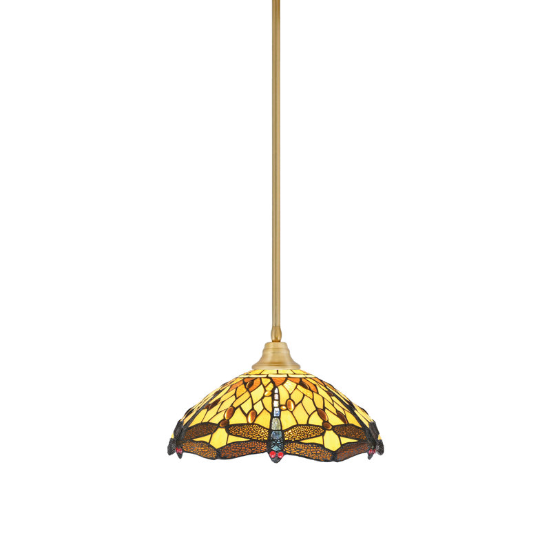 Amber Dragonfly Art Glass Pendant Light with Brass Finish