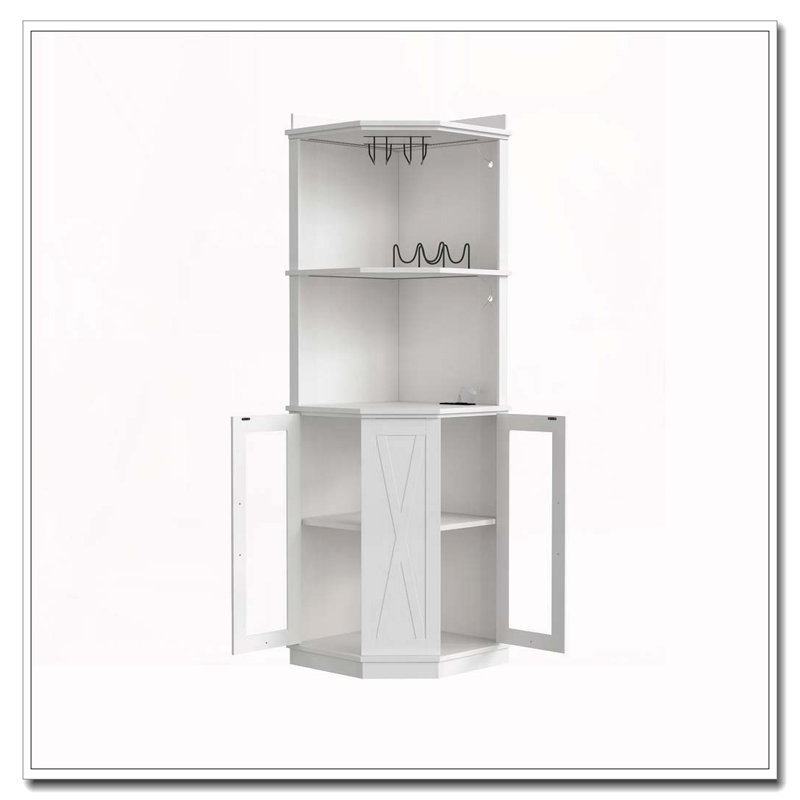 Armoire de bar 67,3 "avec prise de courant, armoire à vin de ferme avec tablettes réglables pour la maison, avec lumières et support en verre