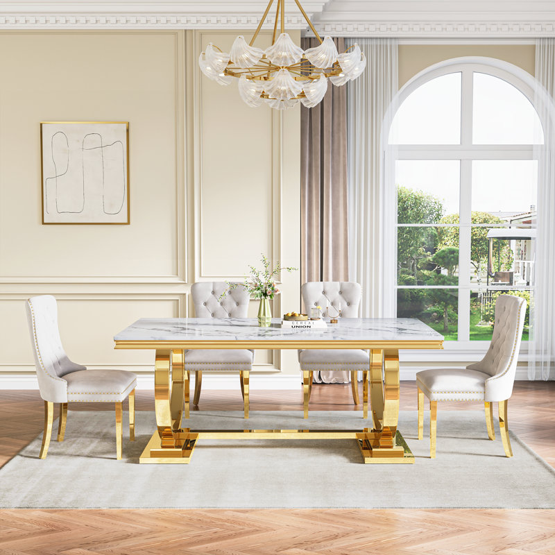 Rectangular 70.1"L X 35"W Dining Set, Blanc / Doré, 5 pièces: table, 4 chaises, Blanc / Doré