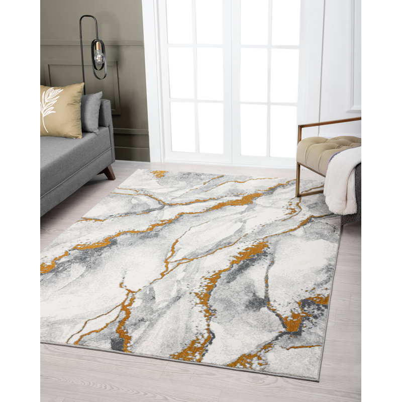 Tapis abstrait doré / gris, Rectangle 9 pi 1 po x 12 pi 3 po