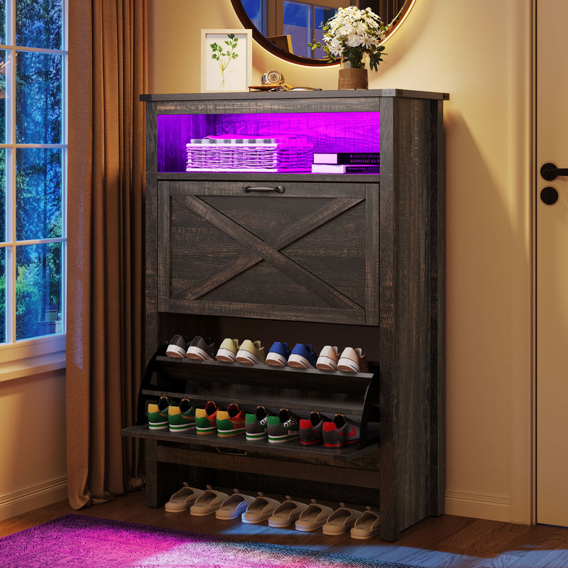 Versus Wood Tilt Out Open 24 Pair Shoe Storage Cabinet with Colorful LED Light, Charcoal Black