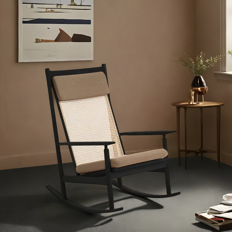 Chaise berçante simple en rotin simple en bois massif, Noir, noir, noir, noir, Kaki