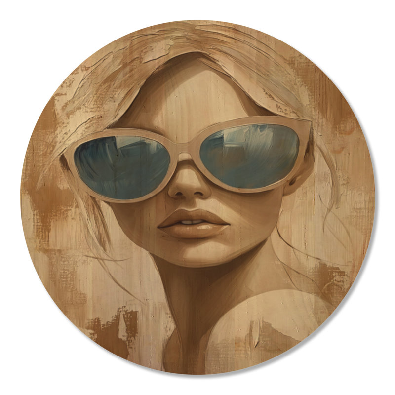 Reflets dans des lunettes de soleil bleues II - Tableau rond pour femme, imprimé sur bois, Rond 23 po, Rond