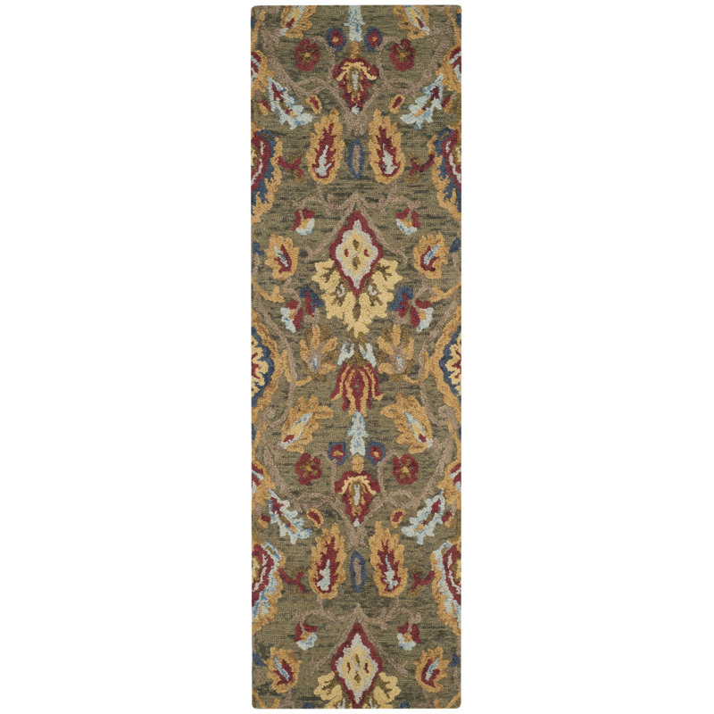 Tapis vert / multicolore en laine fait à la main Tansy, Tapis de couloir 2 pi 3 po x 12 pi