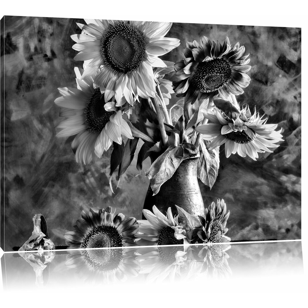 Leinwandbild Sonnenblumen in edler Vase in Monochrom