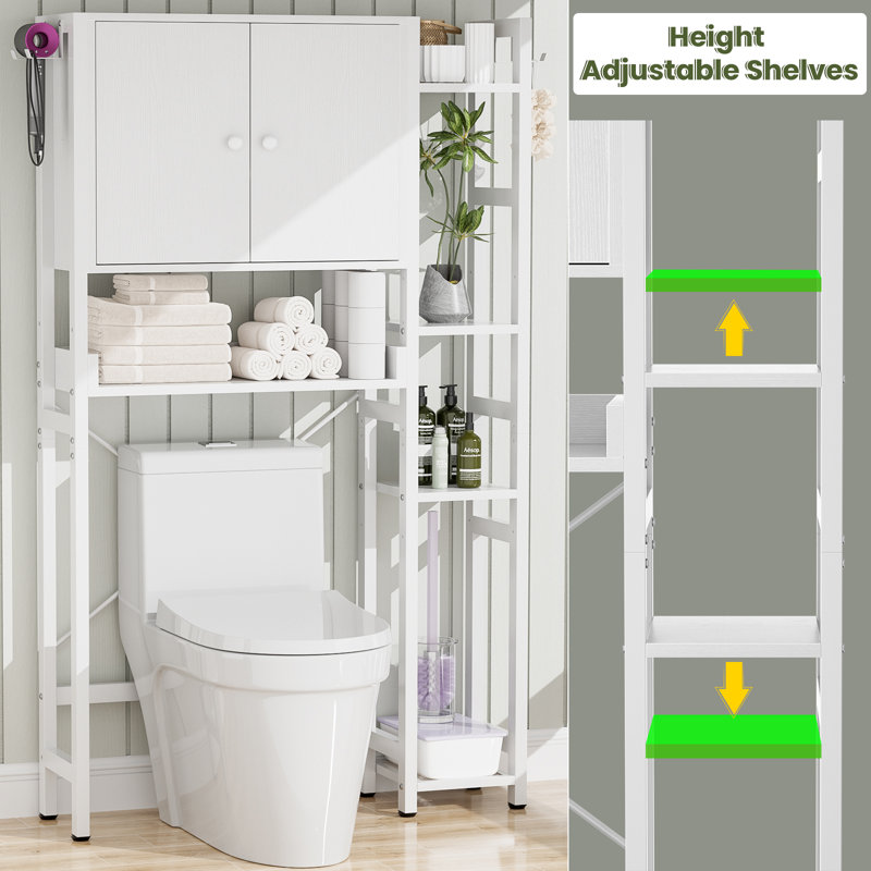 7 Tier Over The Toilet Storage Cabinet With Doors, Bathroom Organizer With Adjustable Shelf, White