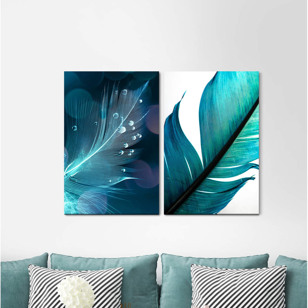 2-tlg. Leinwandbilder-Set - Grafikdruck „Feathers Drops Turquoise”