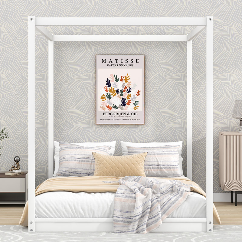 Lit plateforme à baldaquin en bois, Blanc, Grand