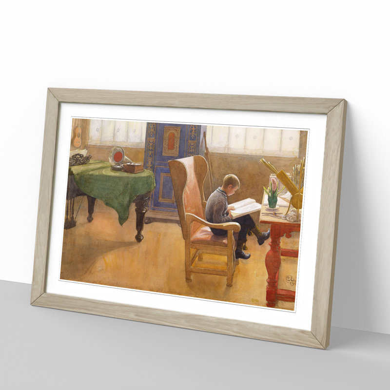 Esbjorn in the Study by Carl Larsson - Picture Frame Painting, 27cm H x 36cm W x 2cm D, Oak Framed