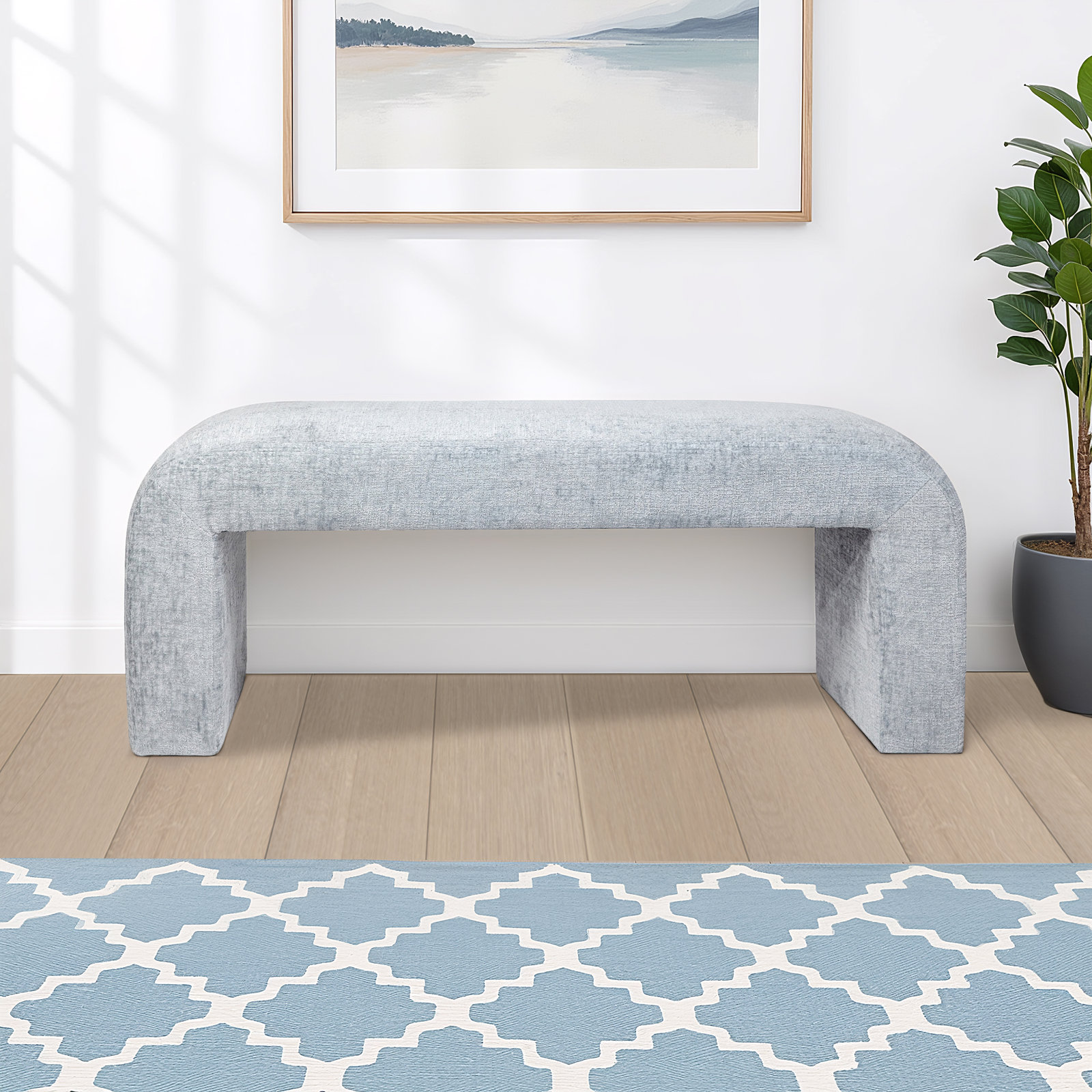 Diedrick Bench, Gwen Blue Microsuede, 19" H x 48" W x 19" D